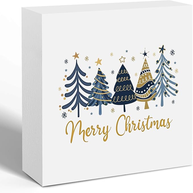 Blue and Gold Christmas Tree Wooden Box Sign, Merry Christmas Decorations, Xmas Holiday Winter Wood Signs for Home Office Desk Shelf Tabletop Decor, 5x5 Inch Decorative Signage