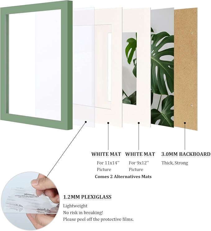 Egofine 12x16 Picture Frames 4PCS Covered by Plexiglass, Made of Solid Wood, Display Pictures 9x12 and 11x14 with Mat or 12x16 Without Mat for Table Top and Wall Mounting, Green