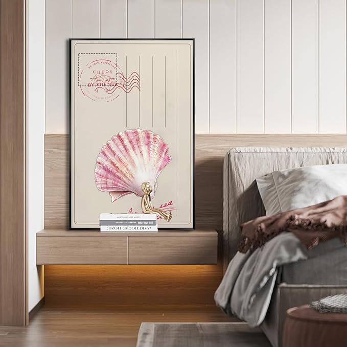 Metal Black Frame Vintage Watercolor Ocean Beach Coastal Pink Seashell Postcard Preppy Canvas Wall Art Cheos By The Sea Print Painting Poster Aesthetics Pictures Boho Decor for Living Room 8x12inch