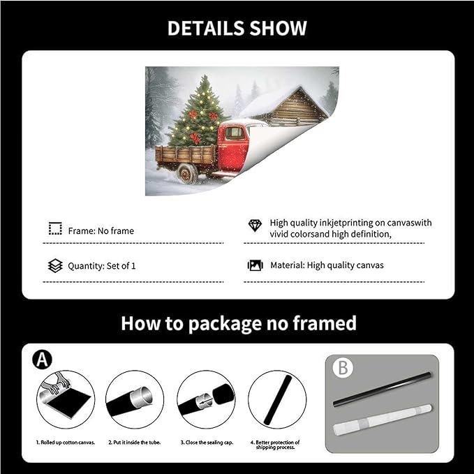 Red Truck Christmas Tree Vintage Holiday Wall Art Winter Snow Scene Poster Nostalgic Truck Canvas Print Indoor Decor for Home Living Room Bedroom Office Dining Room Farmhouse Christmas Holiday
