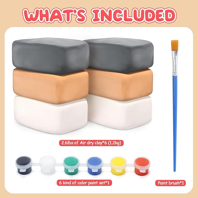Skirfy Air Dry Clay Kit for Kids, 2.6lb Pottery Clay for Wheel & Hand Building, Includes 6 Paint Pots & Brush, White Gray Natural Colors, Arts & Crafts Supplies for Kids Ages 6+