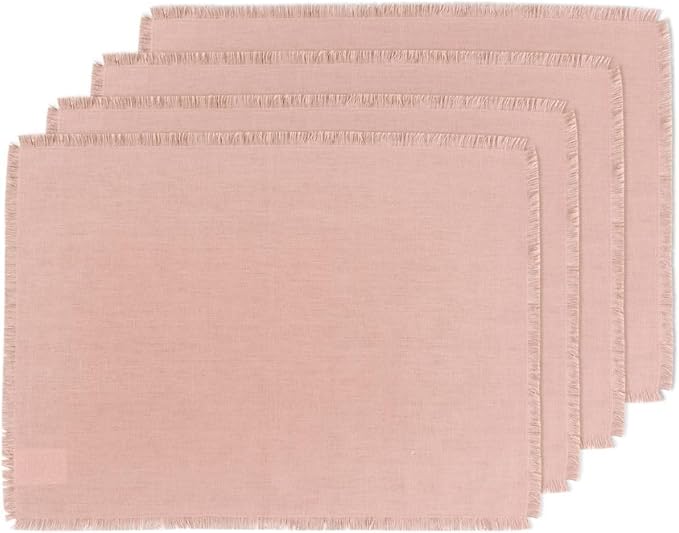 Solino Home Fringe Linen Placemats Set of 4 - Misty Pink Placemats 14 x 19 Inch - 100% Pure Linen Table Mats for Valentines, Spring, Easter