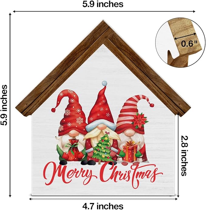 Gnome Christmas Decorations, Merry Christmas Gnomes House Shaped Wood Sign, Farmhouse Home Decor for Desk Table Shelf