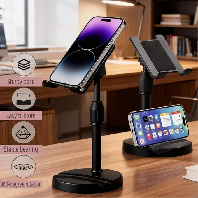 Versatile Dual Phone Holder Mount, Adjustable Height & 360° Rotation, Ergonomic Stand for Simultaneous Phone and Tablet Use, Perfect for Home, Office, and Travel