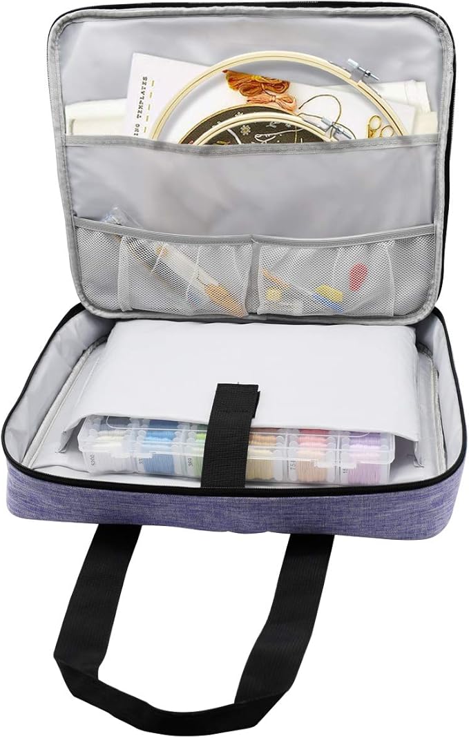 ATTERET Full Range Embroidery and Cross Stitch Starter Kit with Premium Storage Organizer Bag, Includes 99 DMC Coded Cotton Threads, 9 Metallic Floss, 3 Hoops, Needles, Scissors + More (Purple)
