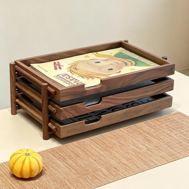 Walnut Wood Desk Organizer with 3 Drawers, Modern Minimalist Desktop Storage Tray, Multilayer Document Holder for Office Home Study, Natural Brown Wooden Desk Caddy - Image 4