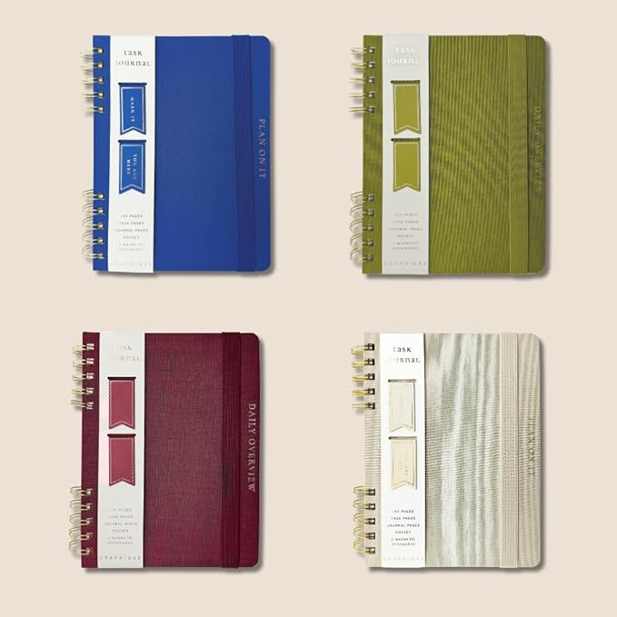 Daily Task Journal by Graphique Luxe Collection, Fabric-Wrapped Hardcover Spiral Notebook for Planning & Writing, Priority List Planner with Magnetic Bookmarks & Gold Foil Embossing,192 Pages, 6” x 8”, Taupe