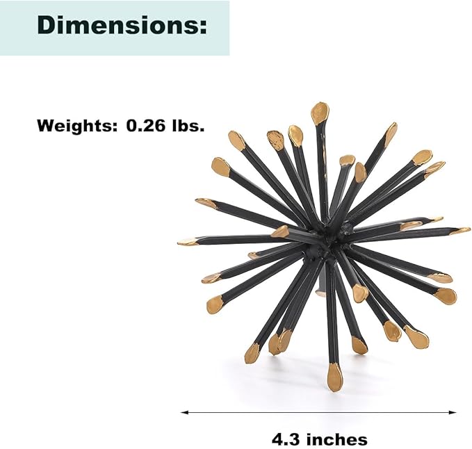 Retrome Black & Gold Sphere Decor, Metal Starburst Table Shelf Decor, Geometric Decorative Objects for Shelves, 3D Spike Decor Sculpture Home Decor Accents, 4.3”