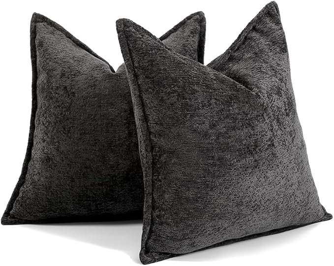 Pack of 2 Black Euro Shams Pillow Covers 26x26 Cozy Soft Chenille Decorative Throw Pillow Covers Accent Vintage Square Couch Pillow Covers for Home Decor Bed Sofa Living Room