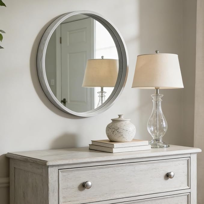 WallBeyond 28 Inch Round Wood Mirror, Large Circle Wooden Frame Wall Mirror for Bathroom, Living Room, Bedroom, Entryway (White)