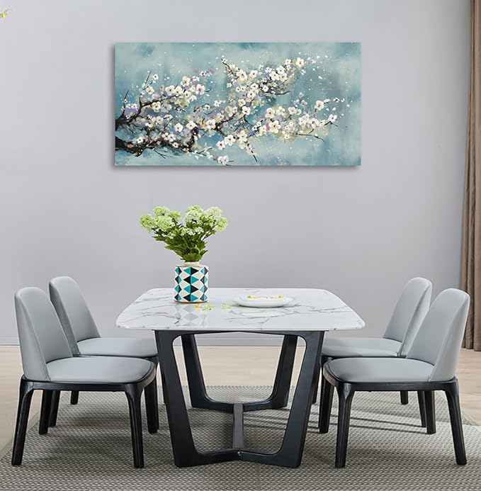 Flowers Wall Art Plum Blossom Canvas Art Botanical Floral Canvas Pictures Grey Blue Canvas Artwork for Bedroom Living Room Bathroom Kitchen Office Home Wall Decor Framed Ready to Hang 20" x 40"