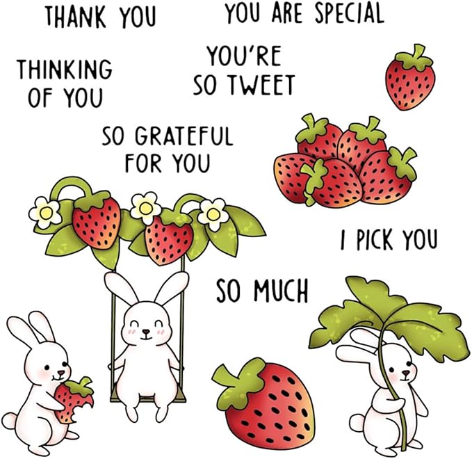 Strawberry Leaf Rabbit Stamps and Cutting Dies for Card Making DIY Transparent Silicone Clear Stamp and Metal Die Cuts Sets for Scrapbooking Paper Greeting Cards Decor Seals Craft Supplies