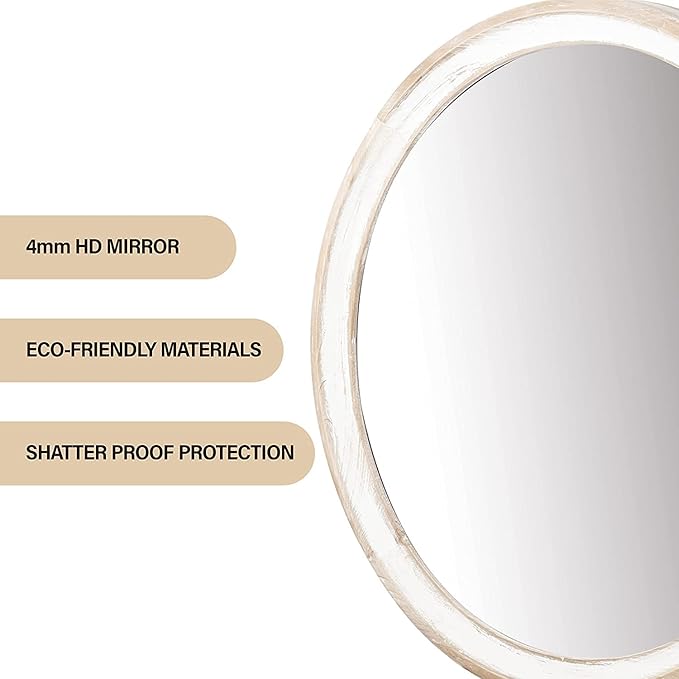 24 Inches Round Wooden Farmhouse Wall Mirror, Decorative Circle Mirrors for Bathroom, Entryway, Living Room, Bedroom - Housewarming Gift