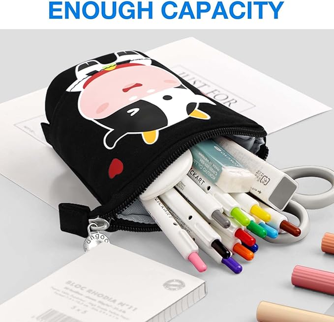 Cute Standing Pencil Case for Kids, Pop Up Pencil Box Makeup Pouch, Christmas Gift Kids Canvas Pen Holder Organizer Cosmetics Bag, Kawaii Stationary (Baby Cow)