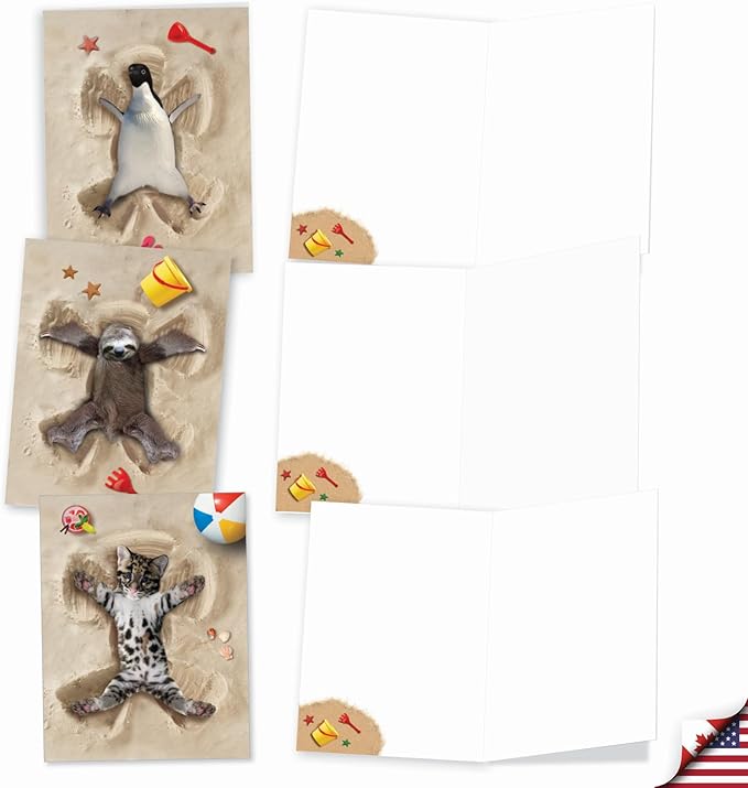The Best Card Company - 20 Bulk Box Animal Note Cards Blank (4 x 5.12 Inch) - Funny Wildlife Assorted Notecard Pack with Envelopes (10 Designs, 2 Each) - Sand Angels AM6844OCB-B2x10