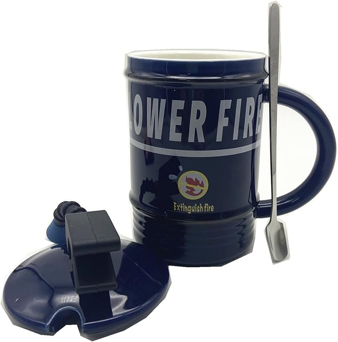 Coffee Mug Cups Ceramic Tea Cup Fire Extinguisher Shaped Handmade Cute Mugs With Lid Spoon Handle Office Home Hot Ice Chocolate Milk Mugs Gifts Microwave Dishwasher Safe Travel Mugs (Blue)