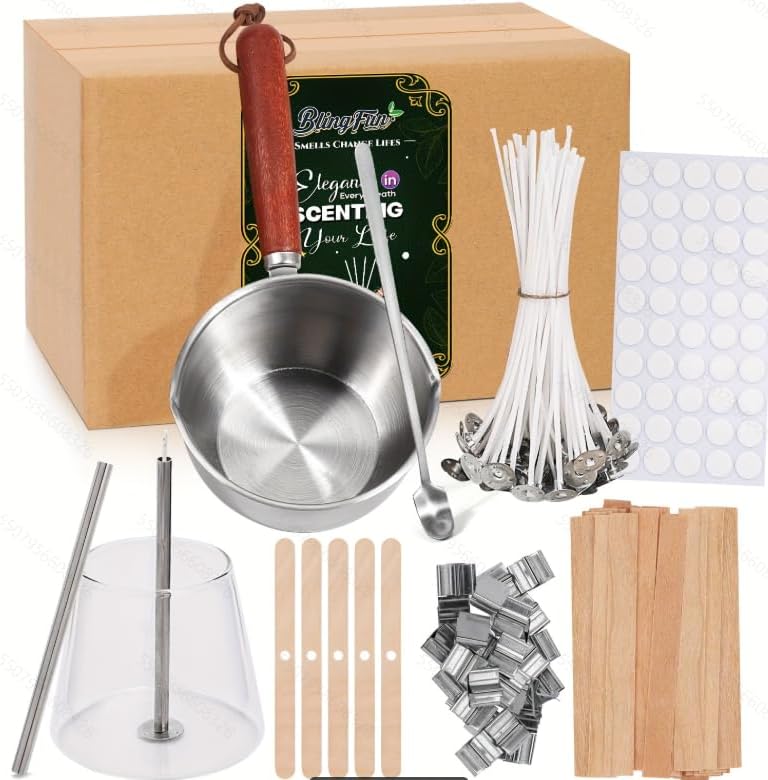Candle Wicks for Candles Making,Including Melting Pot,2 Types Candle Wick,Wick Stickers,Wick Holders,Wick Placing Tube,All-in-One Starter Set for DIY Soy, Beeswax, Paraffin Candles by Blingfun