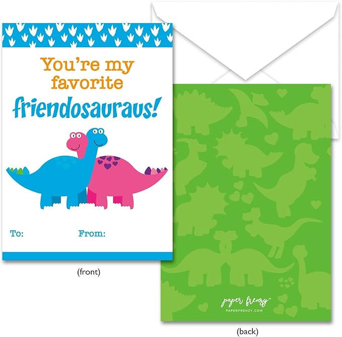 Paper Frenzy Dinosaur Themed Valentine Cards WITH ENVELOPES - 25 pack