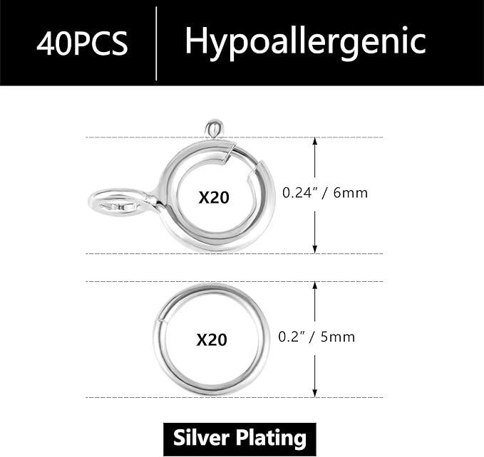40 PCS Necklace Bracelet Clasps and Closures with Open Jump Rings Set 5mm Spring Ring Jewelry Connectors for Jewelry Making (6mm Clasps Silver)