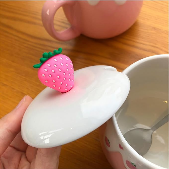 Coffee Mug Cups Ceramic Tea Cup Fruits Strawberry Shaped Handmade Cute Mugs With Lid Spoon Handle Office Home Hot Ice Chocolate Milk Mugs Gifts Microwave Dishwasher Safe Travel Mugs (Pink)