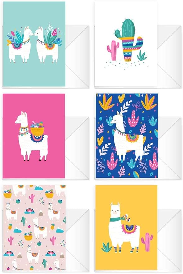 Llama Note Cards / 24 Adorable Animal All Occasion Greeting Cards With White Envelopes / 3 1/2" x 4 7/8" Desert Birthday Party Cards / Alpaca Thank You Note Card Set / 6 Cinco De Mayo Fiesta Designs
