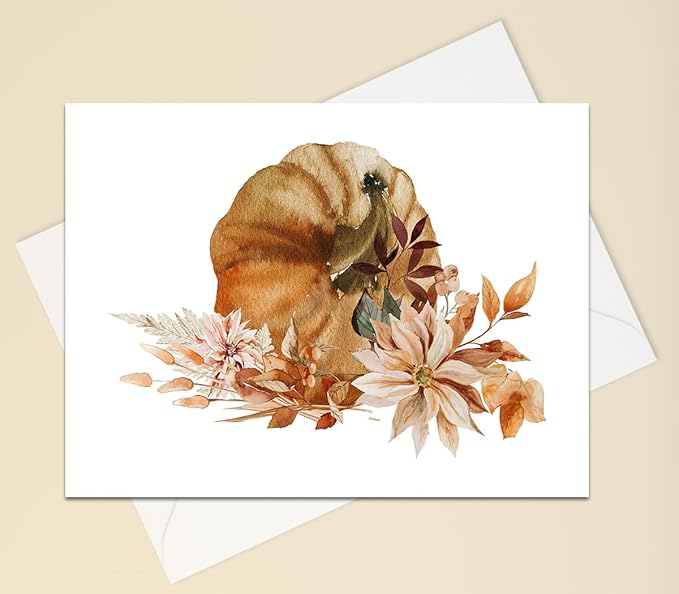 Vintage Autumn Harvest Greeting Cards - Set of 10 All Occoassion 5x7 Note Cards with Envelops Blank Inside. Rustic Watercolor Designs of Fall Flowers, Pumpkins and Leaves.