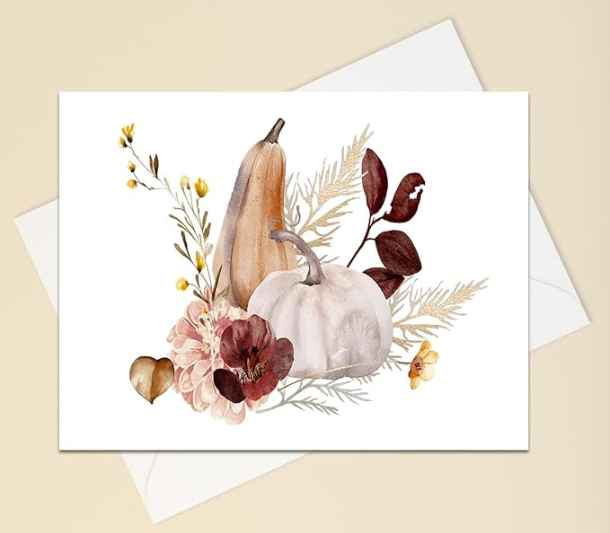 Vintage Autumn Harvest Greeting Cards - Set of 10 All Occoassion 5x7 Note Cards with Envelops Blank Inside. Rustic Watercolor Designs of Fall Flowers, Pumpkins and Leaves.