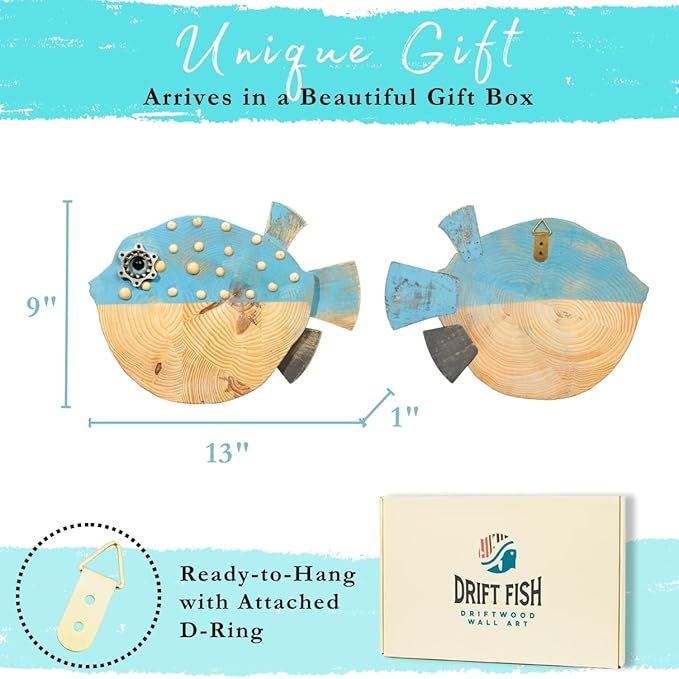 Mint Bucket Brands Driftwood Puffer Fish Nautical Wall Decor - 14.5" x 9" Handmade Wooden Rustic Coastal Wall Art for Living Room, Bedroom, Office, Bathroom - Ocean Beach Decoration (Bubba)