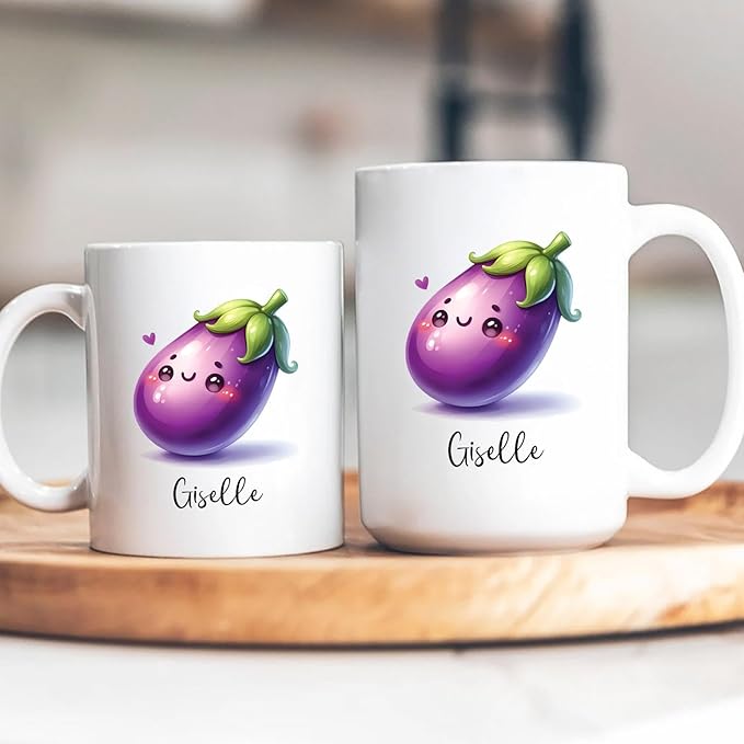 Personalized Eggplant Mug, Aubergine Ceramic Cup, Aubergine Travel Cups Gifts for Kids Friends Eggplant Lovers, Vegetable Cup, Veggie Tea Mug, Customized Aubergine Coffee Mug With Name 11oz 15oz