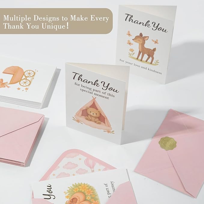 C2U Baby Shower Thank You Cards for Girl - 48 Pack with Envelopes & Gold Stickers,Baby Shower Greeting Cards Bulk for Newborn Party
