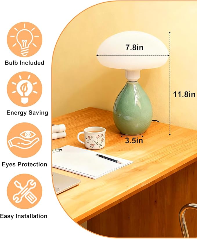 Lightdot Mushroom Lamp, Ceramic Bedside Table Lamp for Bedroom Nightstand, Retro Vintage Green Night Light, Small Aesthetic Lamp for Living Room Desk Home Decor, LED Bulb Included