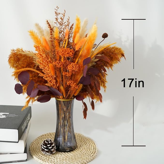 Natural Dried Pampas Grass Bouquet,17" Natural Dried Flower Bouquet, Orange Ear of Sorghum and Autumn Pampas Grass Combination ,Bohemian Style Family Wedding Country Farmhouse Decoration