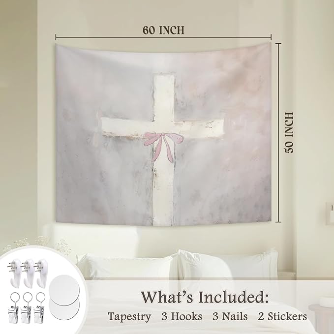 STHTTSW Pink Cross Bow Tapestry Aesthetic, Christian Tapestries Wall Blanket, Bible Religious Girly Wall Hanging Decor for Girl Women Home Living Room Bedroom Church Prayer Room, 50x60 Inch