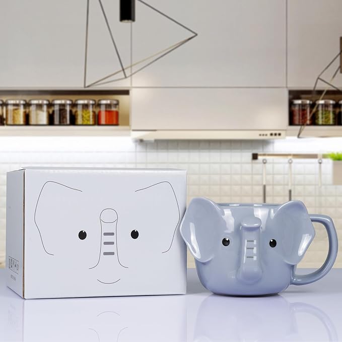 Elephant Mug 14 oz Cute Ceramic Coffee Mug 3D Porcelain Tea Mug for Women Kawaii Cup Elephant Gifts Christmas Gifts Housewarming Holiday Birthday Gifts for Women Mom Kids Men and Friend