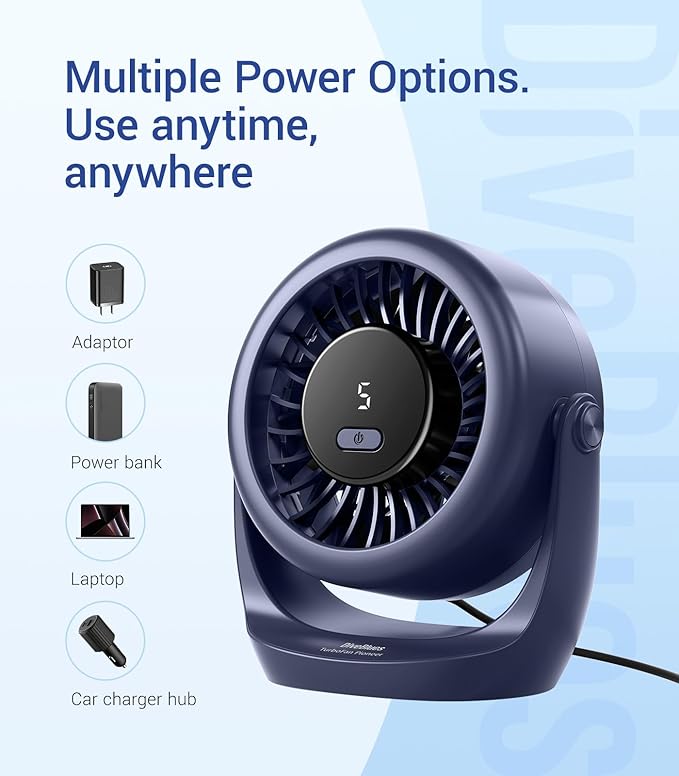 Diveblues USB Desk Turbo Fan, Ultra-Quiet Mini Desk Fan, Powerful Wind, LED Display, 5 Speed, 360° Rotating Small Portable Fan for Home, Office and Outdoor Cool Tech Gadgets - TurboBreeze