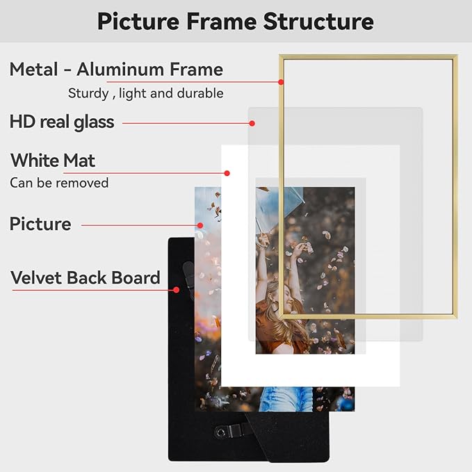 8x12 Picture Frame Set of 3, Brass Aluminum Metal Photo Frames with HD Glass, Fits 6x8 with Mat or 8 x 12 without Mat, Display for Wall