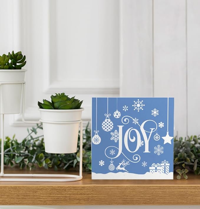 Joy Christmas Wooden Box Sign, Farmhouse Christmas Snowflake Reindeer Xmas Wood Signs for Home Office Table Shelf Decoration, 5x5 Inch (Blue)