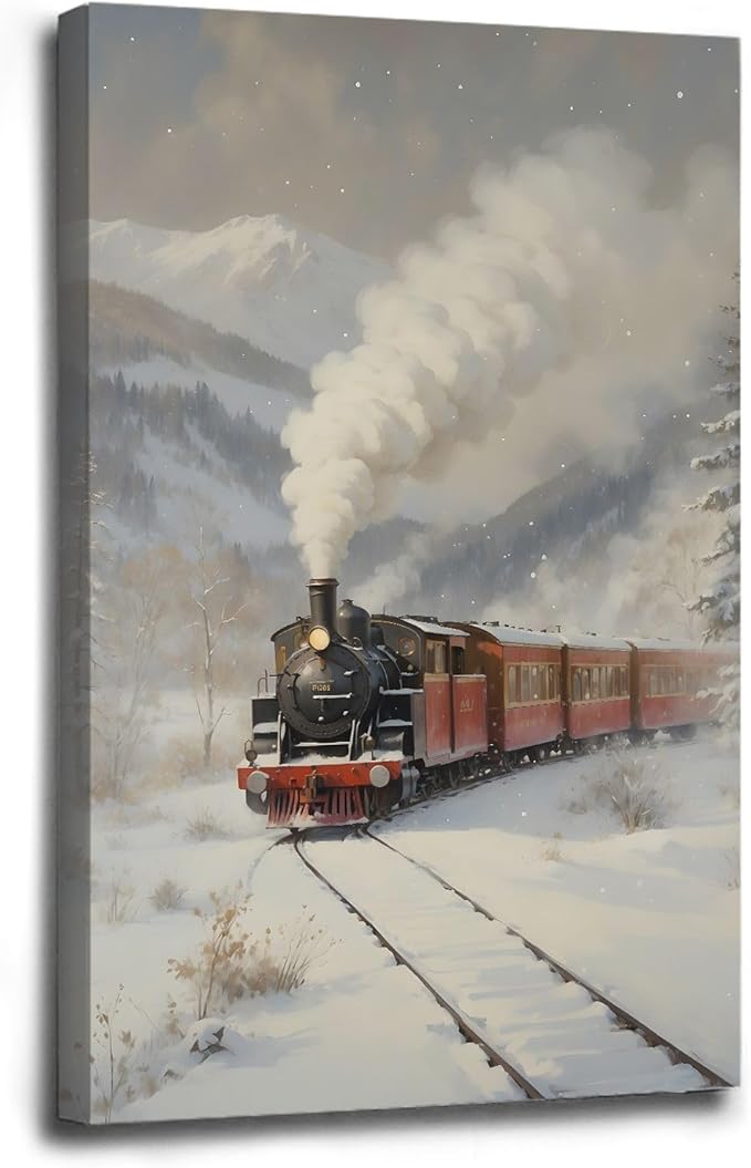 Framed Canvas Wall Art Christmas Print Train Painting Winter Scenery Landscape Snowy Railroad Wall Art Moody Christmas Decor 12x18in Wood Framed
