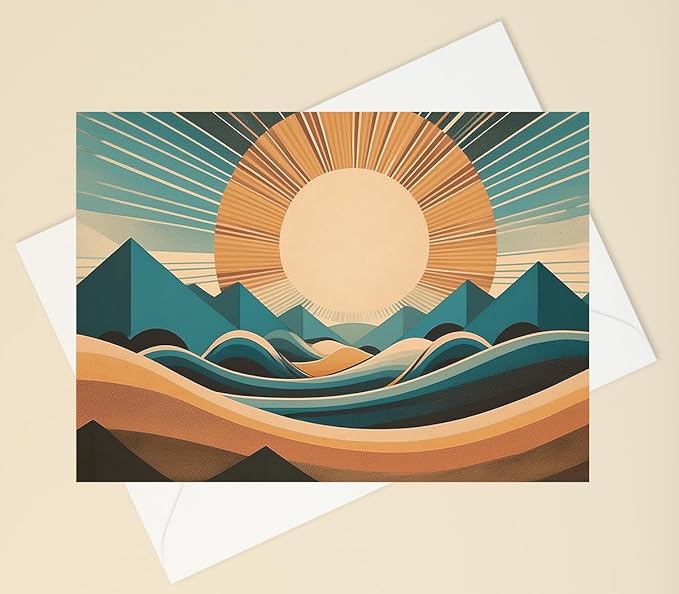 Abstract Southwestern Landscape Greeting Cards - Set of 10 All Occasion 5 x 7 Note Cards with Envelopes. Blank Inside. Modern Watercolor Designs of Desert, River and Mountains with Setting Sun