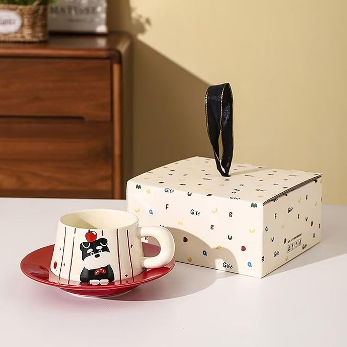 Cute Dog Couple Cup with Thick Grip, Ceramic Coffee Mug with Spoon, Gifts Suitable for Birthdays, Christmas, Halloween and Family Gatherings (Pinstripe)