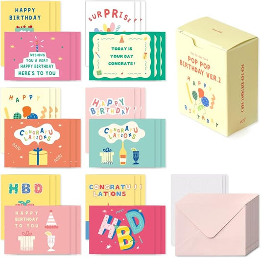 Monolike Day-by-day Card, Pop pop birthday Ver.2 - Mix 36 Mini Single cards, 36 envelopes, 36 stickers Package
