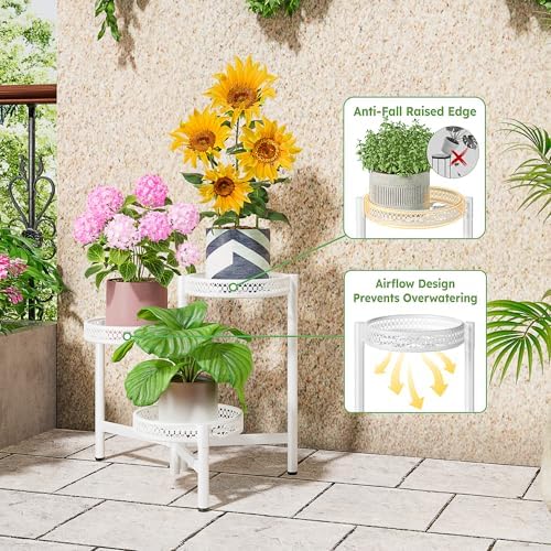 3 Tiered Tall Plant Stand Indoor Outdoor, Metral Plant Shelf for Corner Display Rack, Multi-Tier Folding Planter Pot Holder Flower Stand for Living Room Balcony Garden Patio - WhiteWave - Image 4