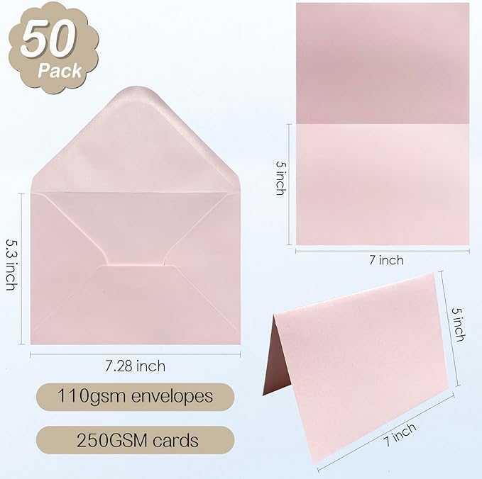 50 Pack Blank cards and envelopes,A7Self-Adhesive Envelopes with aestheticsFold Cards 5x7 for Wedding, GreetingCards, Baby Shower, Letter Mailing.(Dreamy Pastel Tones)