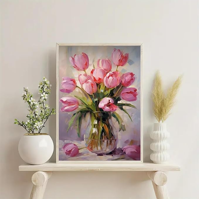 NWQZBYHT Tulips Diamond Art Kits for Adults,Floral Vase 5D Diamond Painting Kits for Beginner,DIY Round Full Drill Diamond Dots,Flowers Gem Painting kit for Adults Crafts Home Wall Decor 12x16 Inch