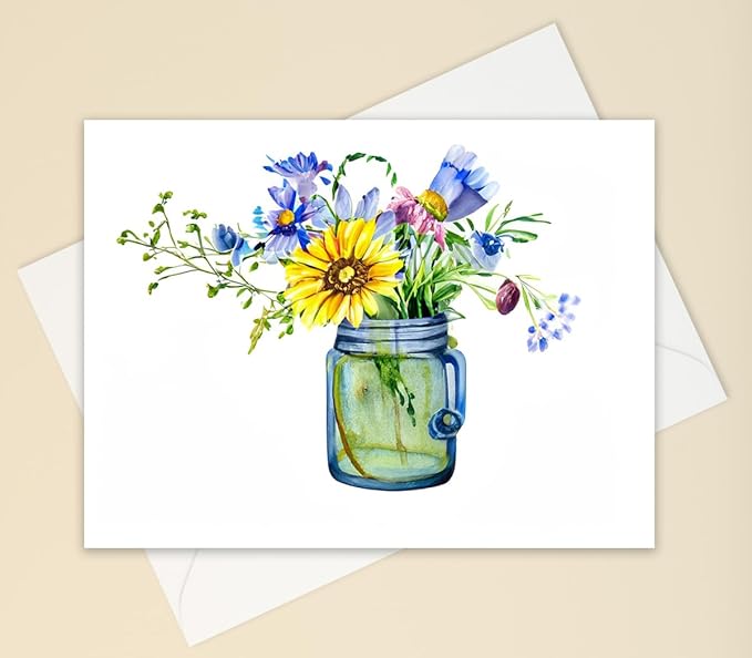 Wildflower Bouquet Greeting Cards, Set of 10 all occasion 5x7 note cards with Evelopes Blank Inside. Colorful Flowers in Vase Designs.