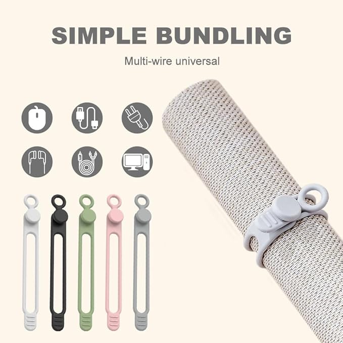 20PCS Silicone Cable Ties, 2025 New Upgrade Data Cable Organizer Ties, Reusable Cable Ties Wire Organizer for Bundling and Fastening Earphones, Phone Charger(5 Colors)