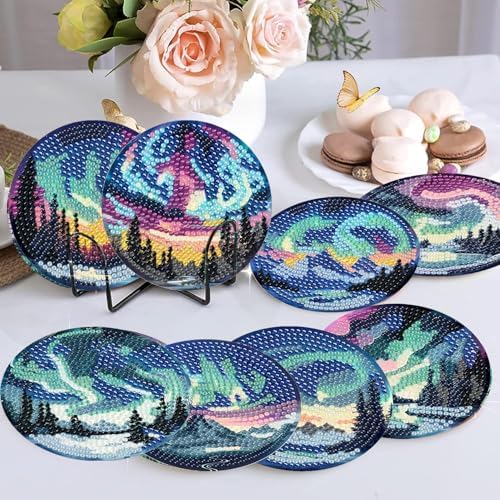 NEGEKFKX 8 Pcs Aurora Diamond Art Painting Coasters Kits,Landscape Coaster with Holder for Adults, Non-Slip DIY Dot Paint Craft Kits,5D Full Drill DIY Diamond Dot Gem Art Kit Home Decor Arts Craft - Image 3