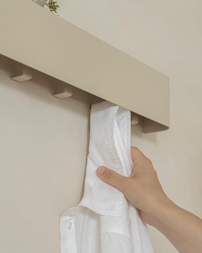 Kazai.®️ Coat Rack Wall Mount with Shelf 'Tone' | Modern Design Coat Hanger with Hidden Hooks and Storage | Hat Rack with Shelf in Metal | Wall-Mounted Purse Organizer | Taupe