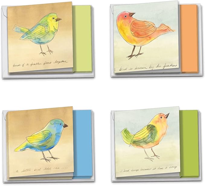The Best Card Company - 12 Beautiful Blank Note Cards Bulk (4 x 5.12 Inch) (4 Designs, 3 Each) - Watercolor Tweets MQ4633OCB-B3x4