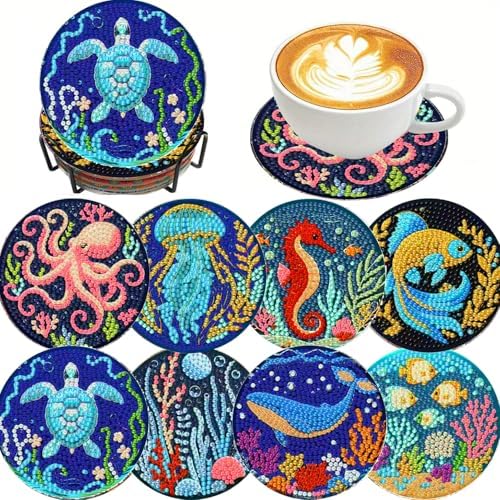 Clendo 8 Pcs Ocean Diamond Art Coasters Kits - Animals Diamond Painting Coasters Kit with Holder Cork Pads, DIY 5D Small Mini Diamonds Dots Kit Full Drill Art Craft Supplies 4X4 by Clendo